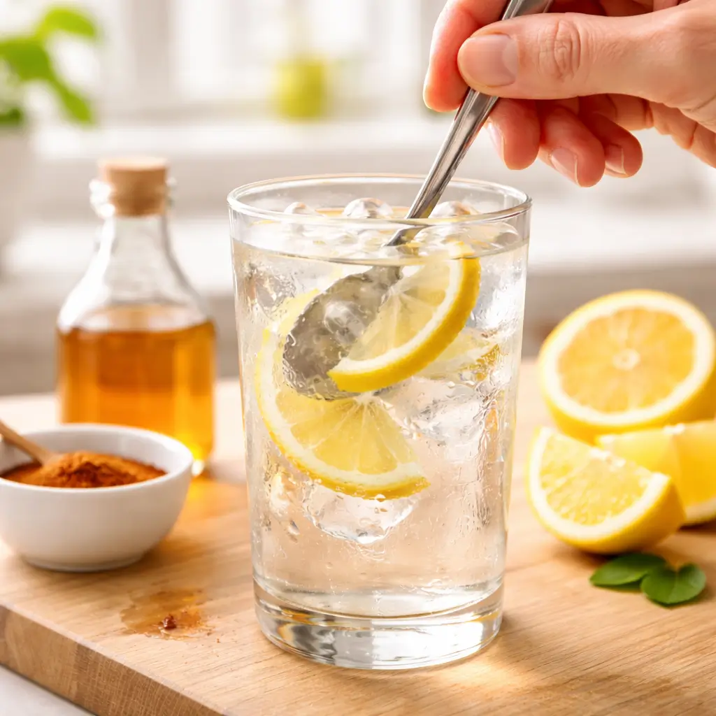 Stirring lemon and vinegar into ice water