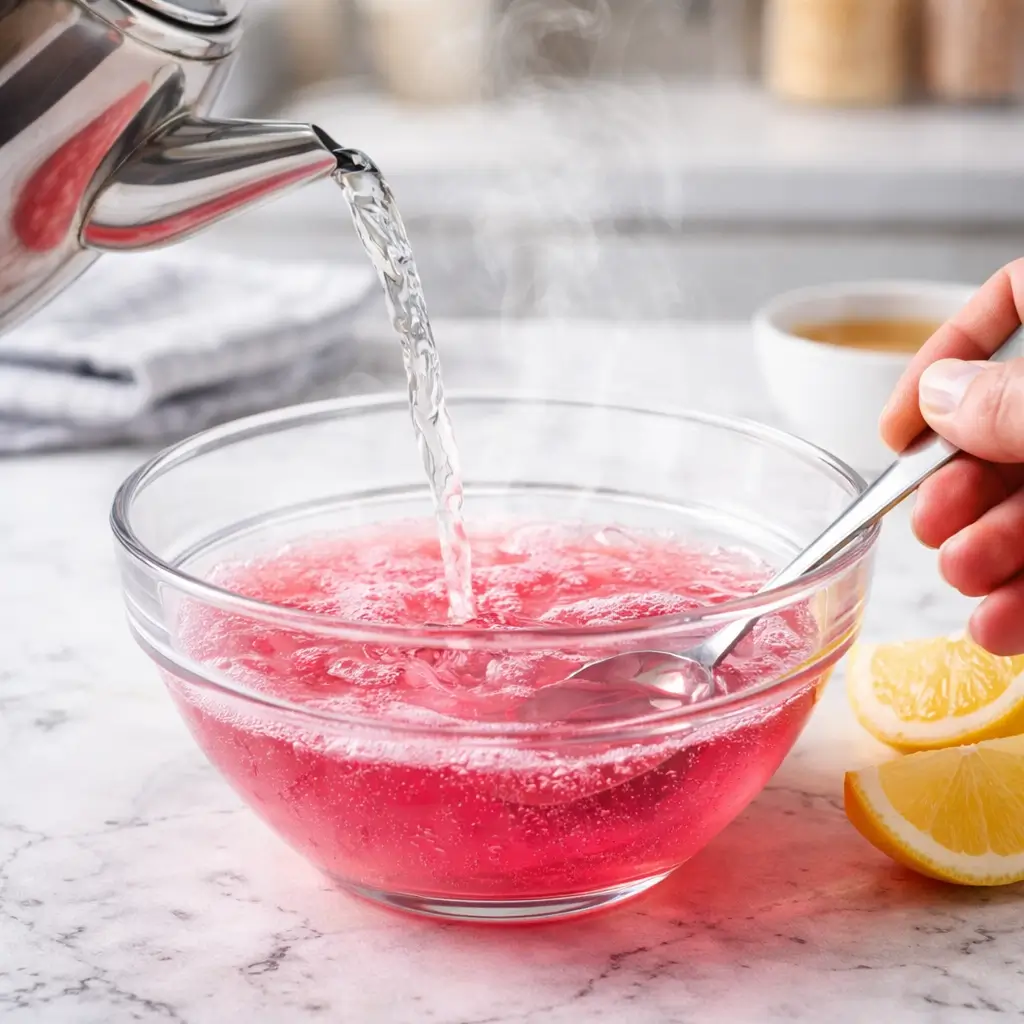 Mixing pink gelatin powder with hot water