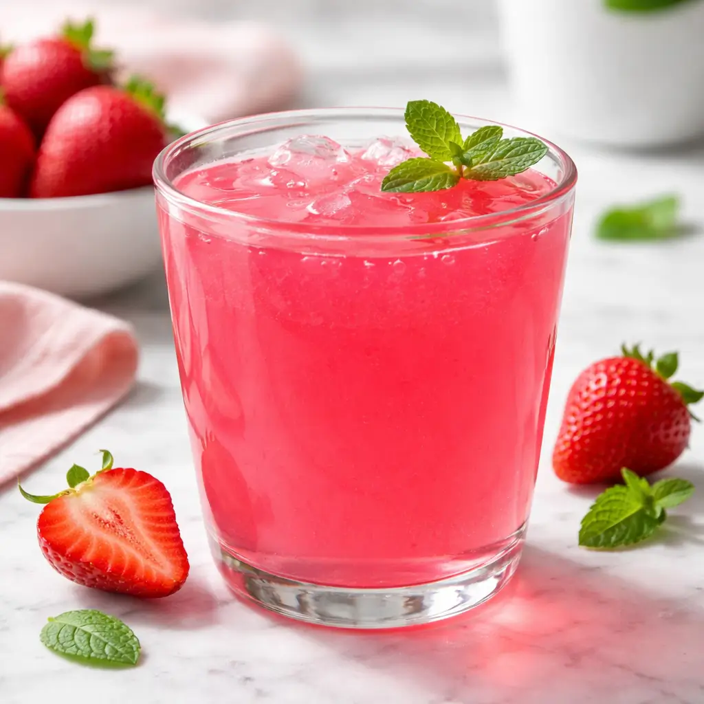 Glass of pink gelatin drink with fresh strawberries