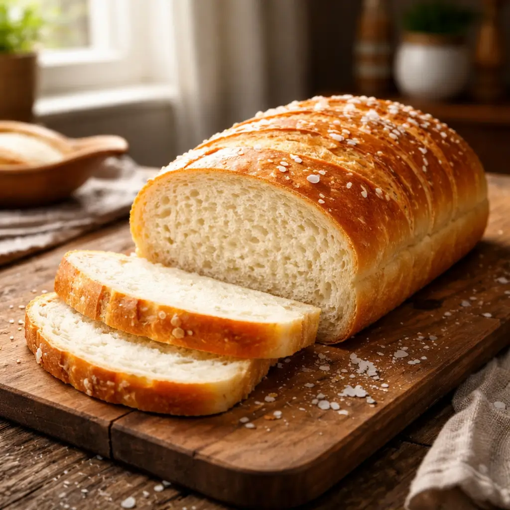 Golden homemade salt bread loaf sliced on rustic table