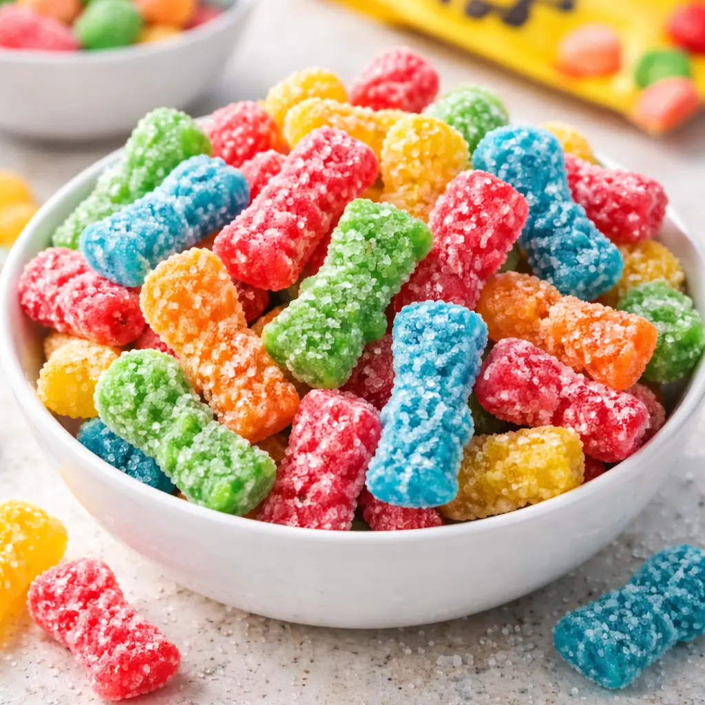 Close-up bowl of Sour Patch Kids candy pieces with colorful sugar coating in the United States