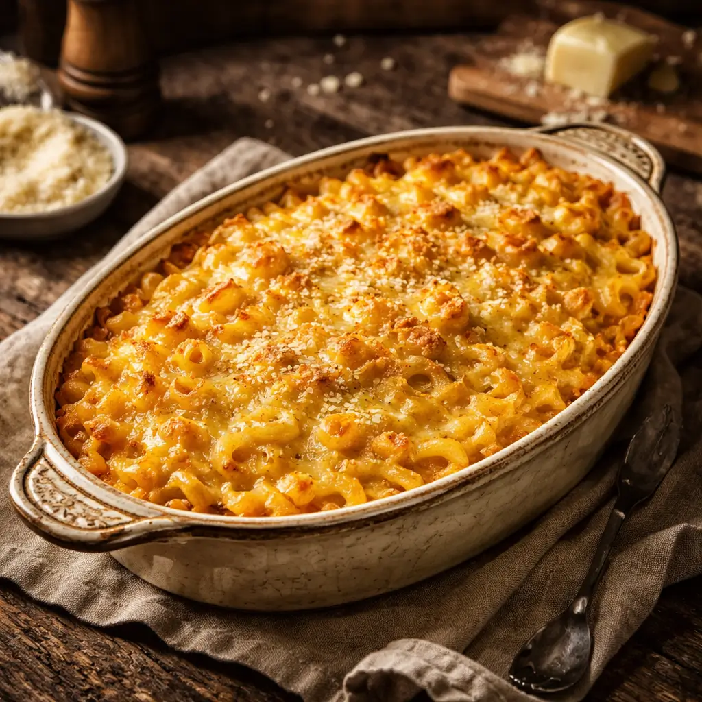 Thomas Jefferson style baked mac and cheese in ceramic dish