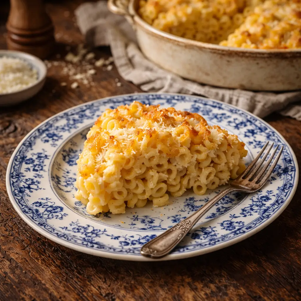 Slice of baked Thomas Jefferson mac and cheese served on a vintage blue patterned plate