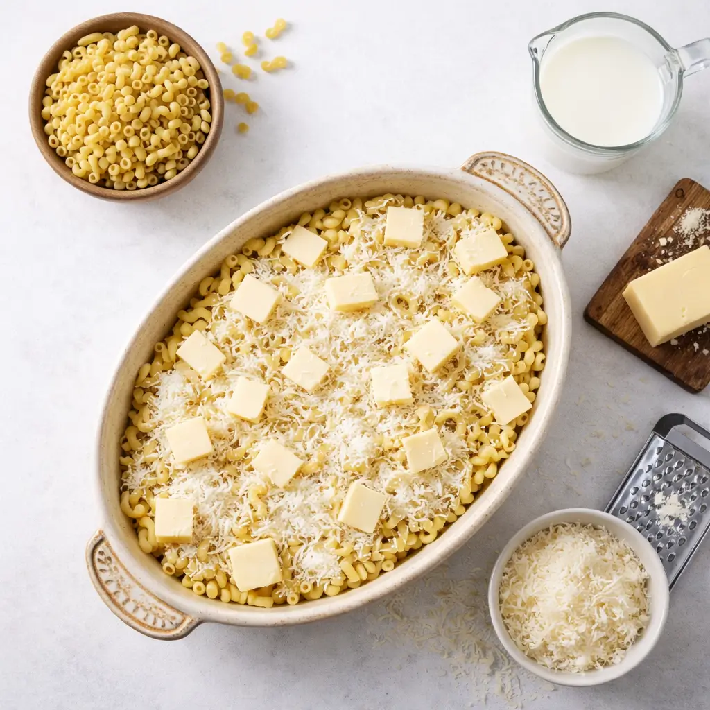 Layering macaroni and Parmesan for baking