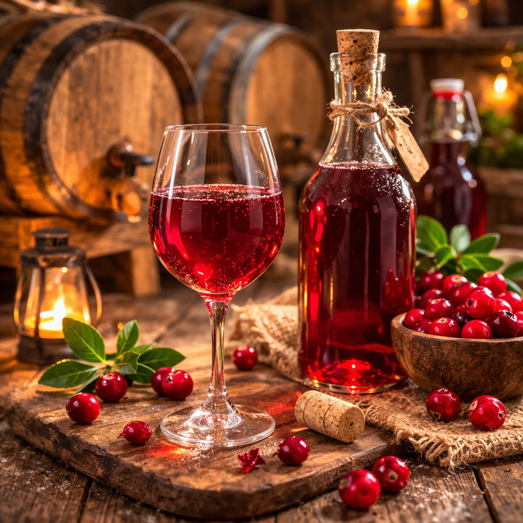 Homemade cranberry wine served in glass with bottle and fresh cranberries