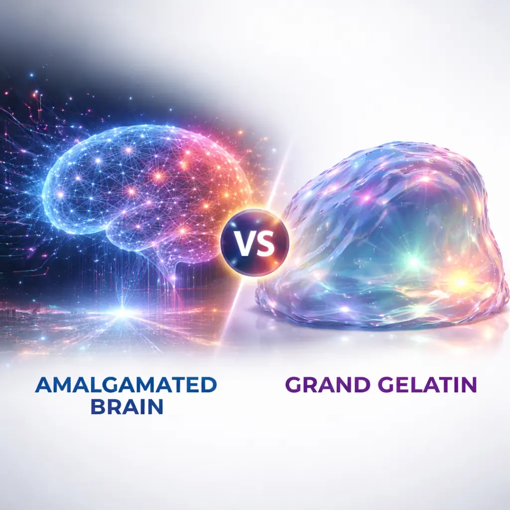 amalgamated brain vs grand gelatin conceptual comparison illustration