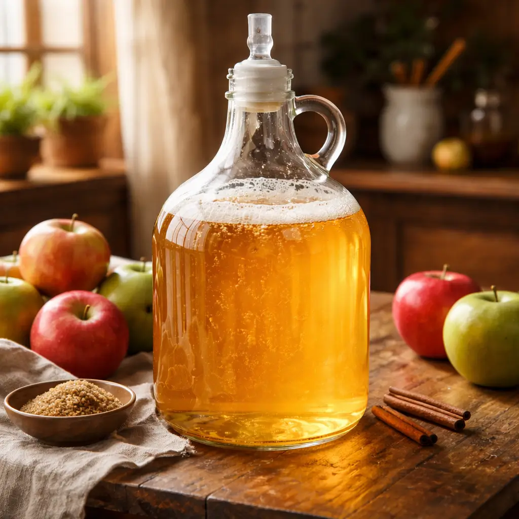 Homemade apple wine in glass jug with fresh apples