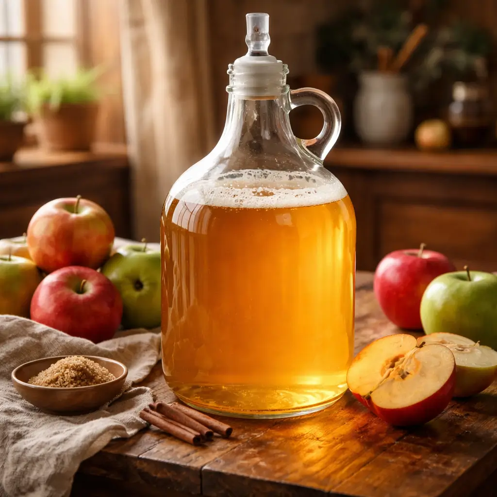 Apple wine fermenting in glass jug with airlock