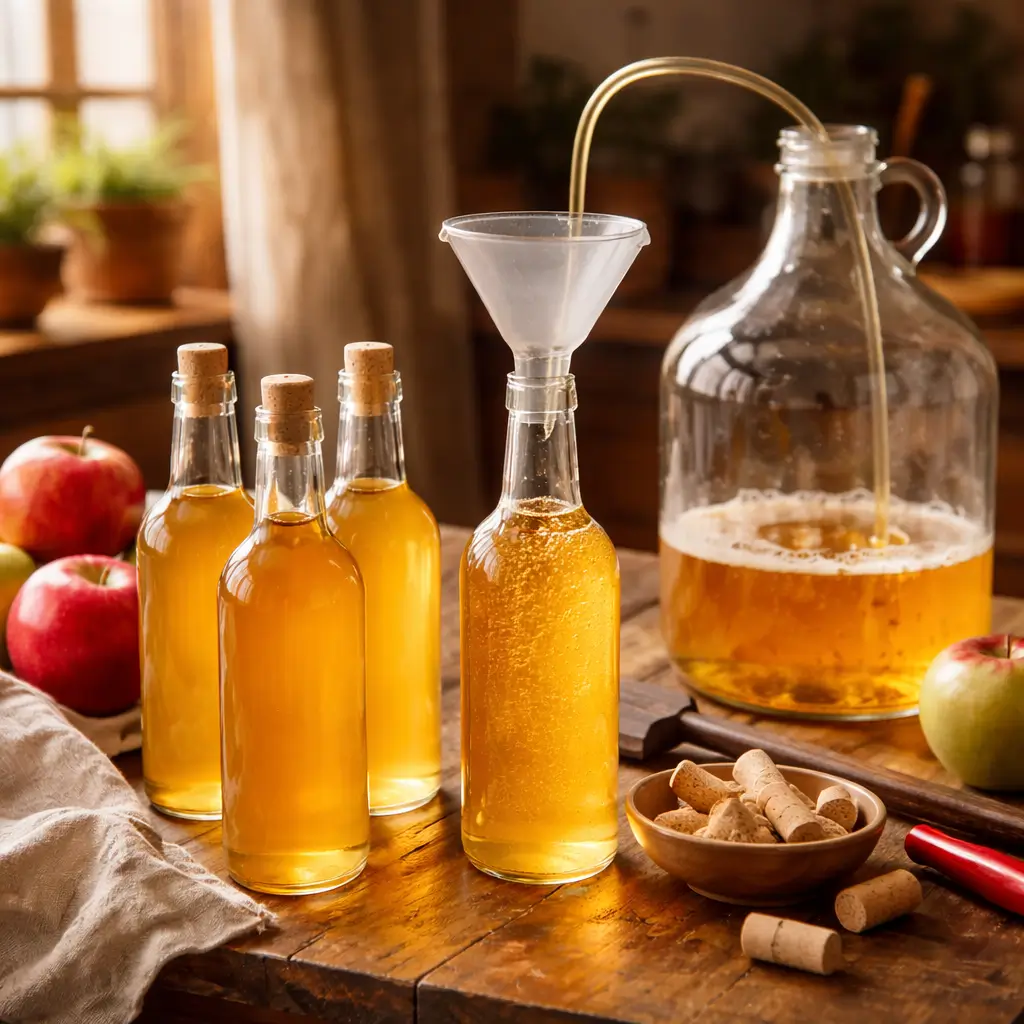 Bottling homemade apple wine from fermentation jug into glass bottles