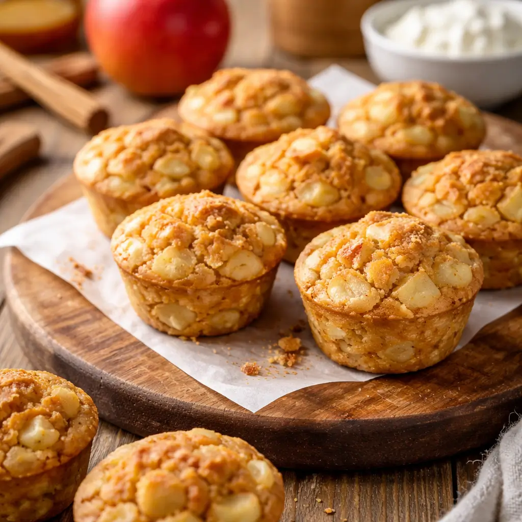 Freshly baked cinnamon apple cottage cheese bites on wooden table