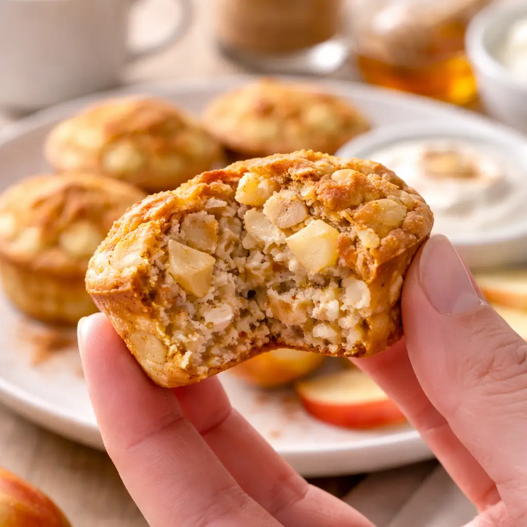 Close up of cinnamon apple cottage cheese bite broken in half showing soft interior with diced apples and oats