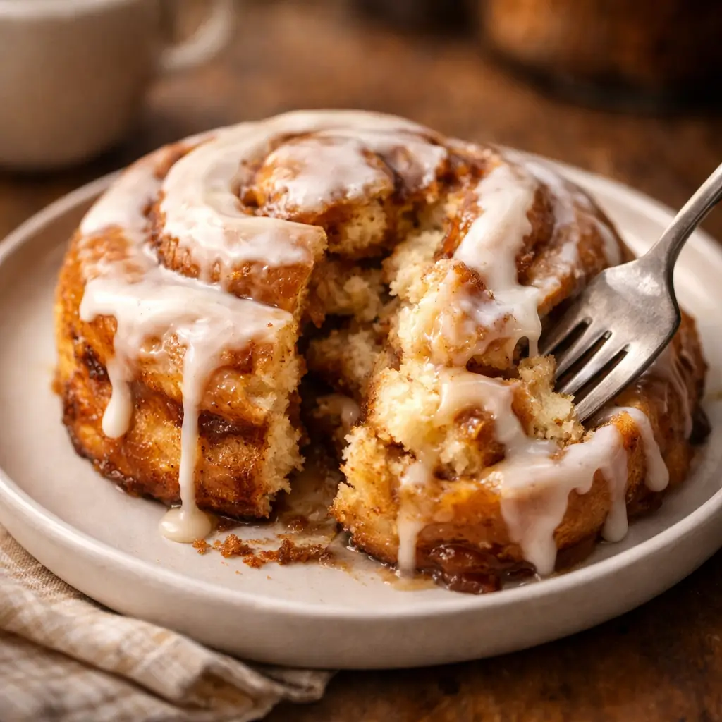 Soft gooey cinnamon roll with icing and fork pulling layers
