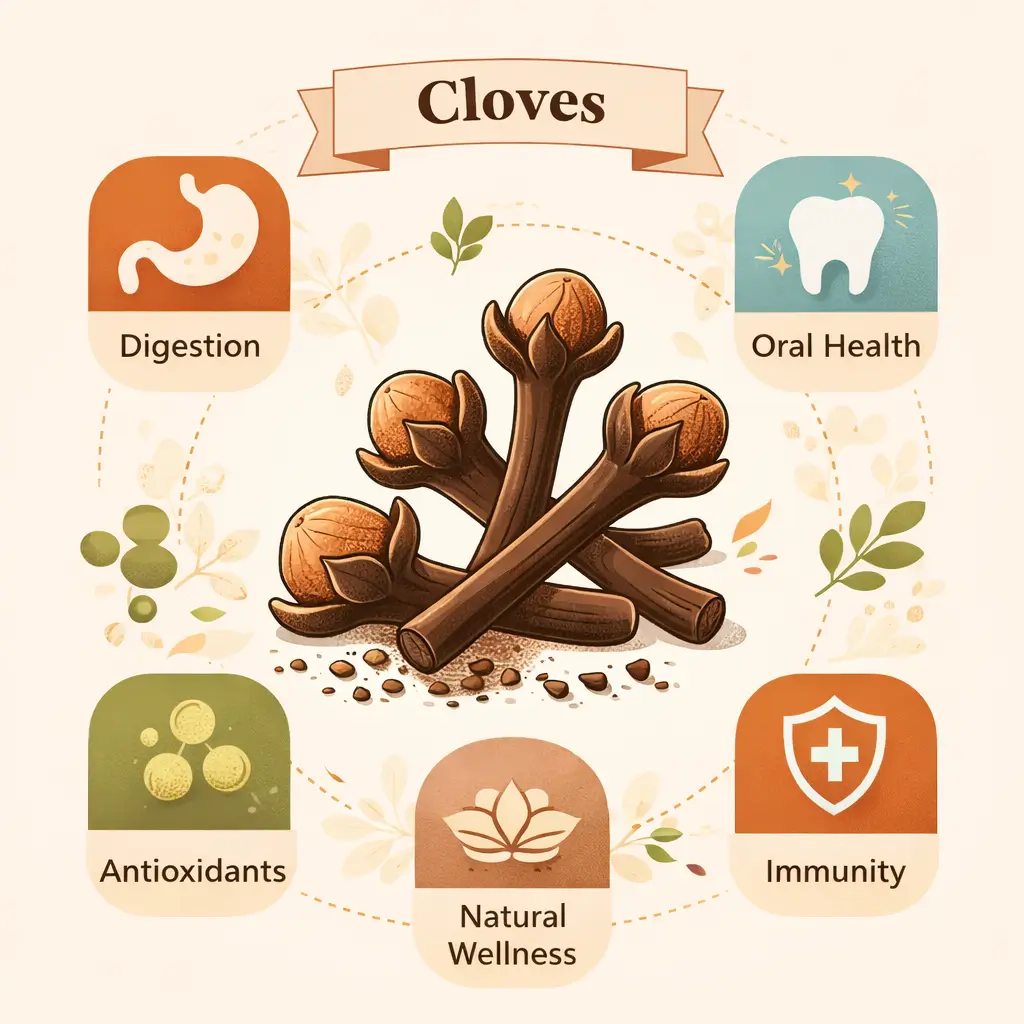 cloves health benefits infographic showing digestion immunity and antioxidants