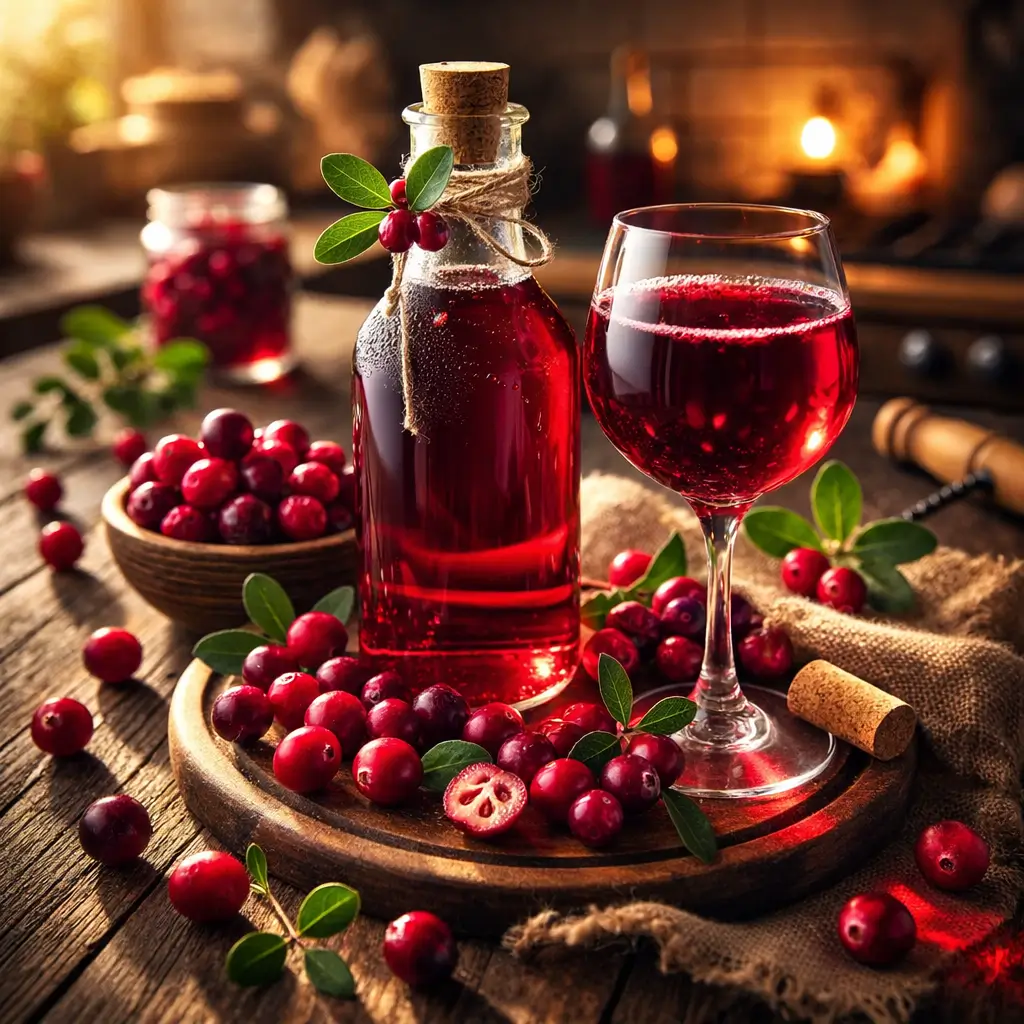 Homemade cranberry wine in bottle and glass with fresh cranberries