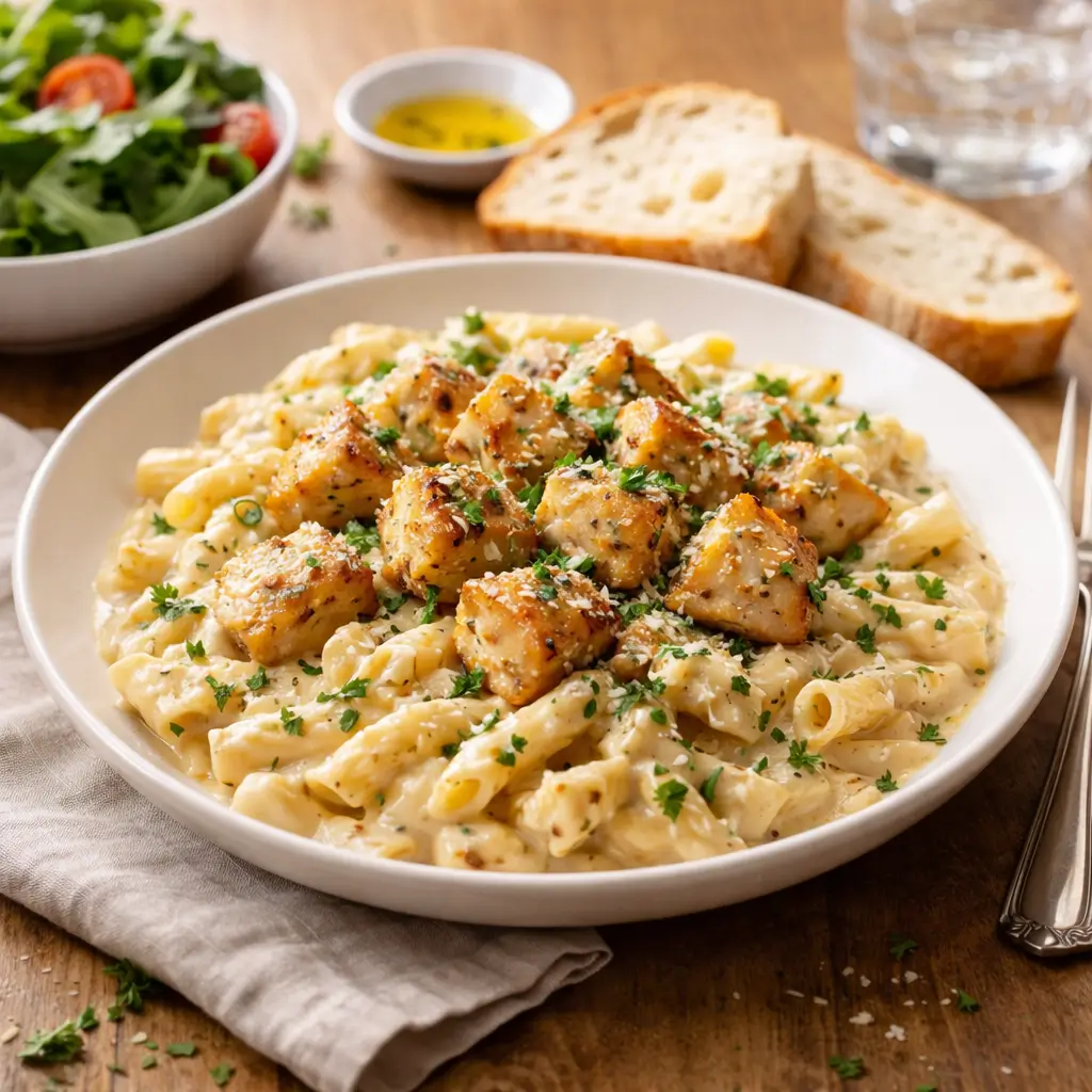 creamy chicken parmesan pasta served with salad