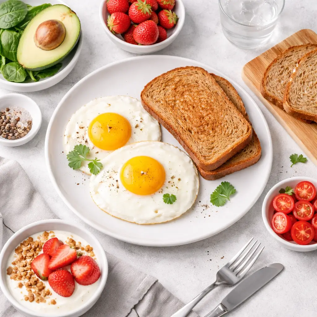balanced eggs and toast breakfast with healthy sides for weight loss