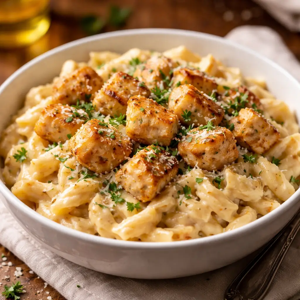garlic butter chicken bites with creamy parmesan pasta in a bowl