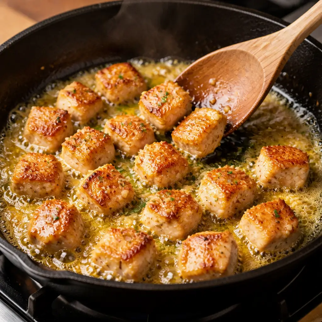 garlic butter chicken bites with creamy parmesan pasta
