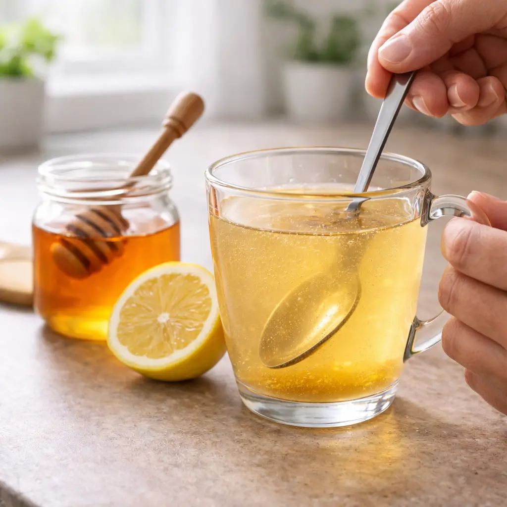 mixing gelatin drink with honey and lemon