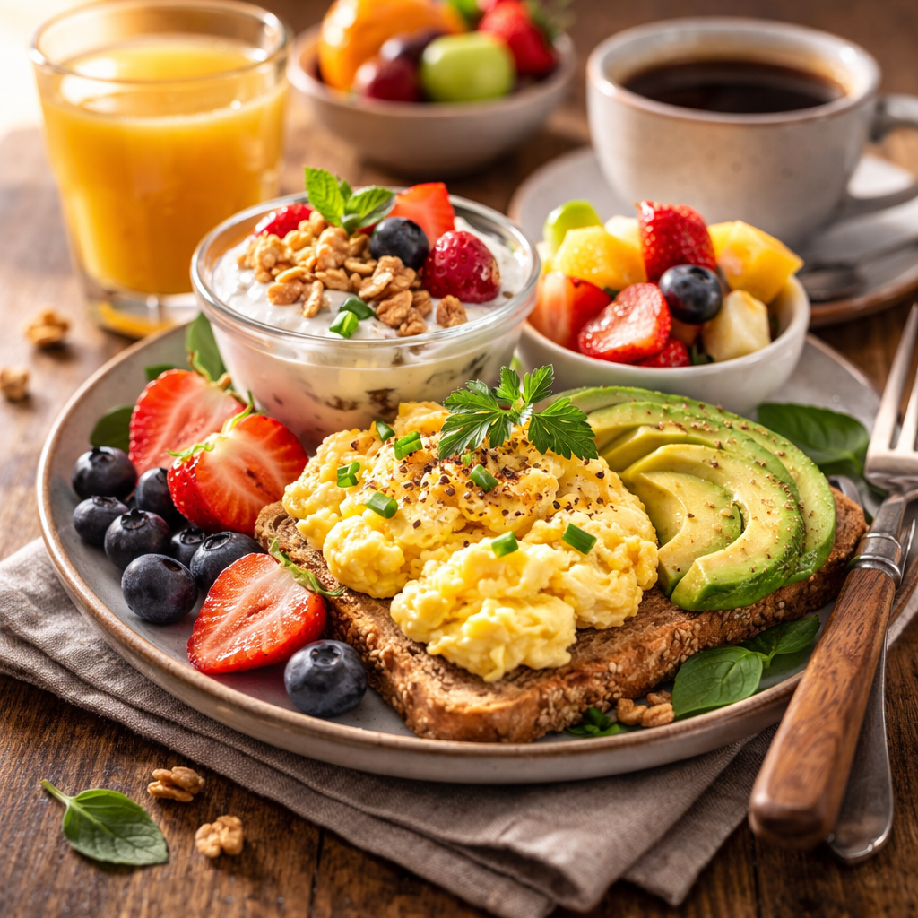 healthy fast food breakfast plate with eggs avocado yogurt fruit and coffee