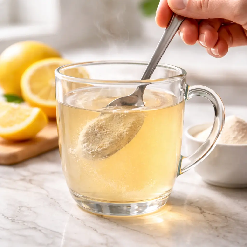 Stirring gelatin powder into warm water