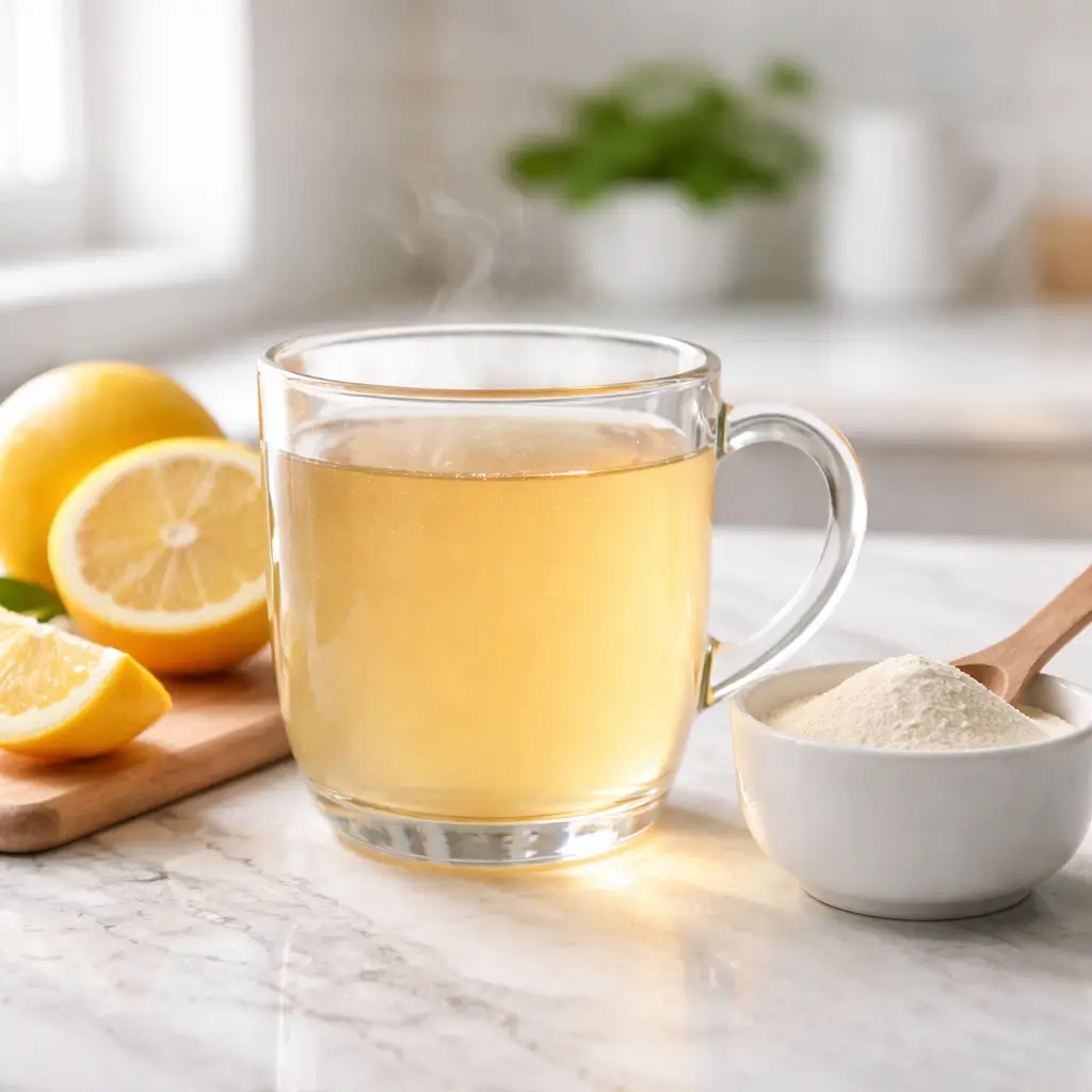 Warm gelatin drink in glass mug with lemon on kitchen counter