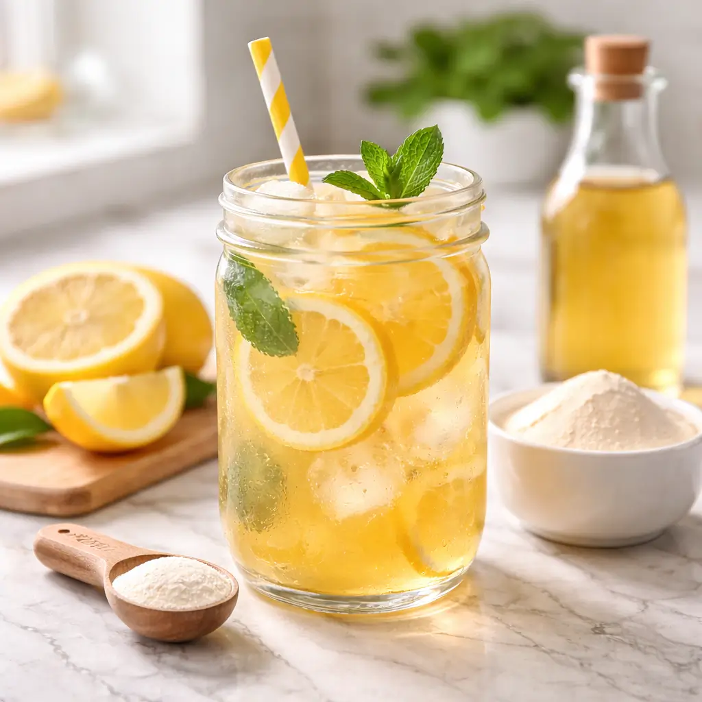 Iced lemon gelatin drink with fresh mint and straw in mason jar