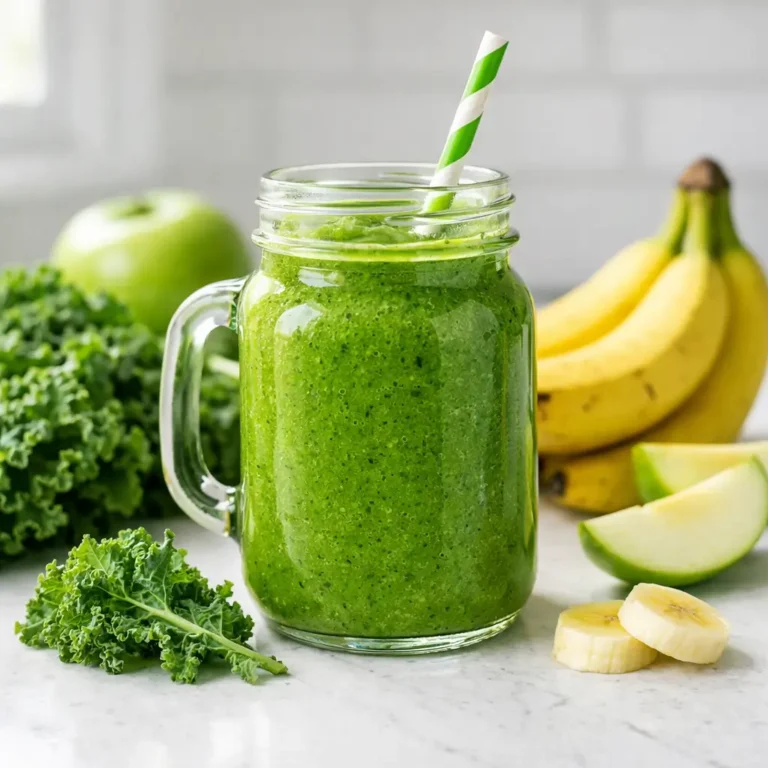 kale smoothie for weight loss in glass jar with fresh ingredients