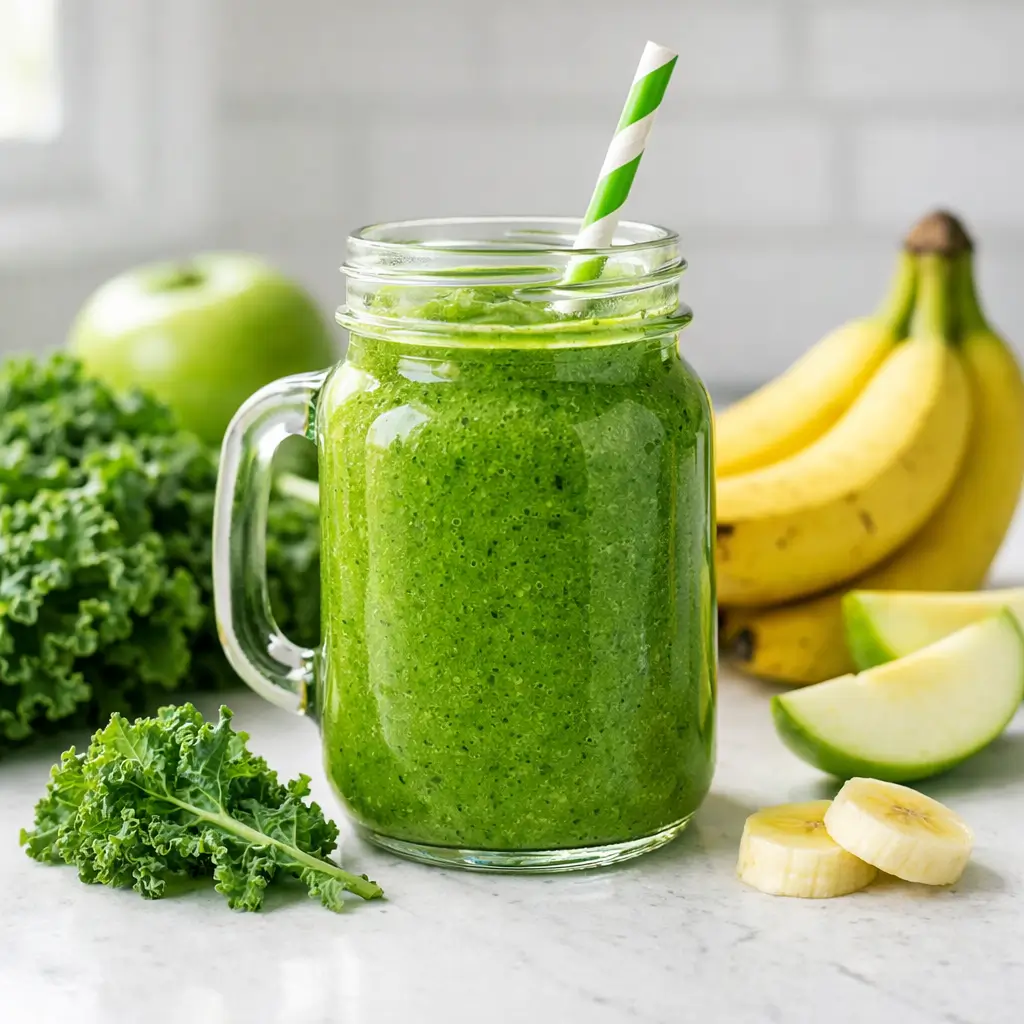 kale smoothie for weight loss in glass jar with fresh ingredients
