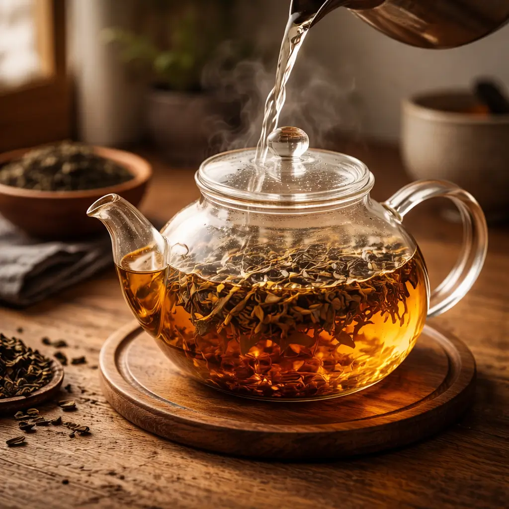 Loose leaf tea brewing in a glass teapot