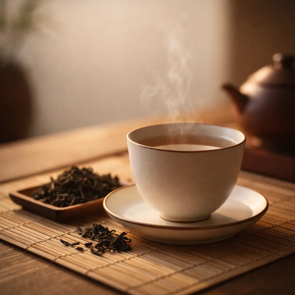 Cup of pulhia tea with loose tea leaves on a wooden table