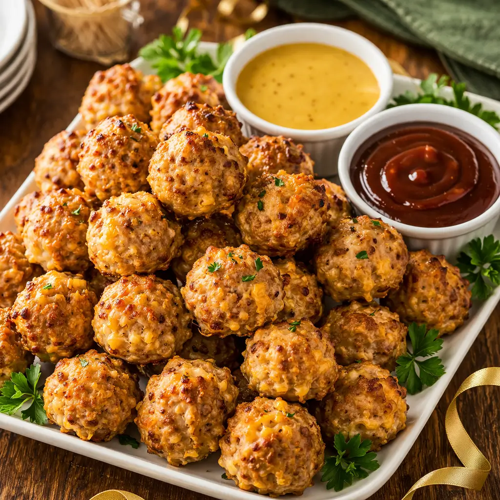 Sausage balls served with dipping sauces