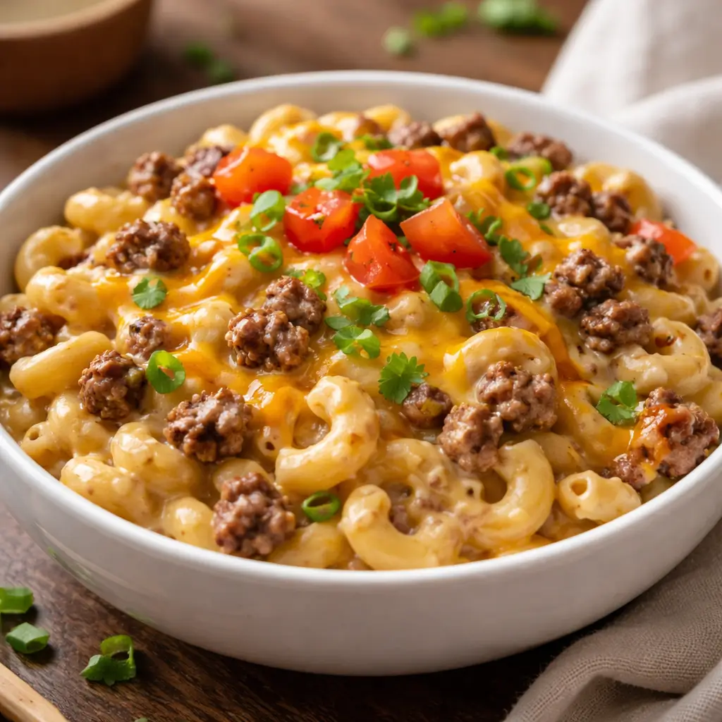 creamy taco macaroni with ranch sauce and cheese