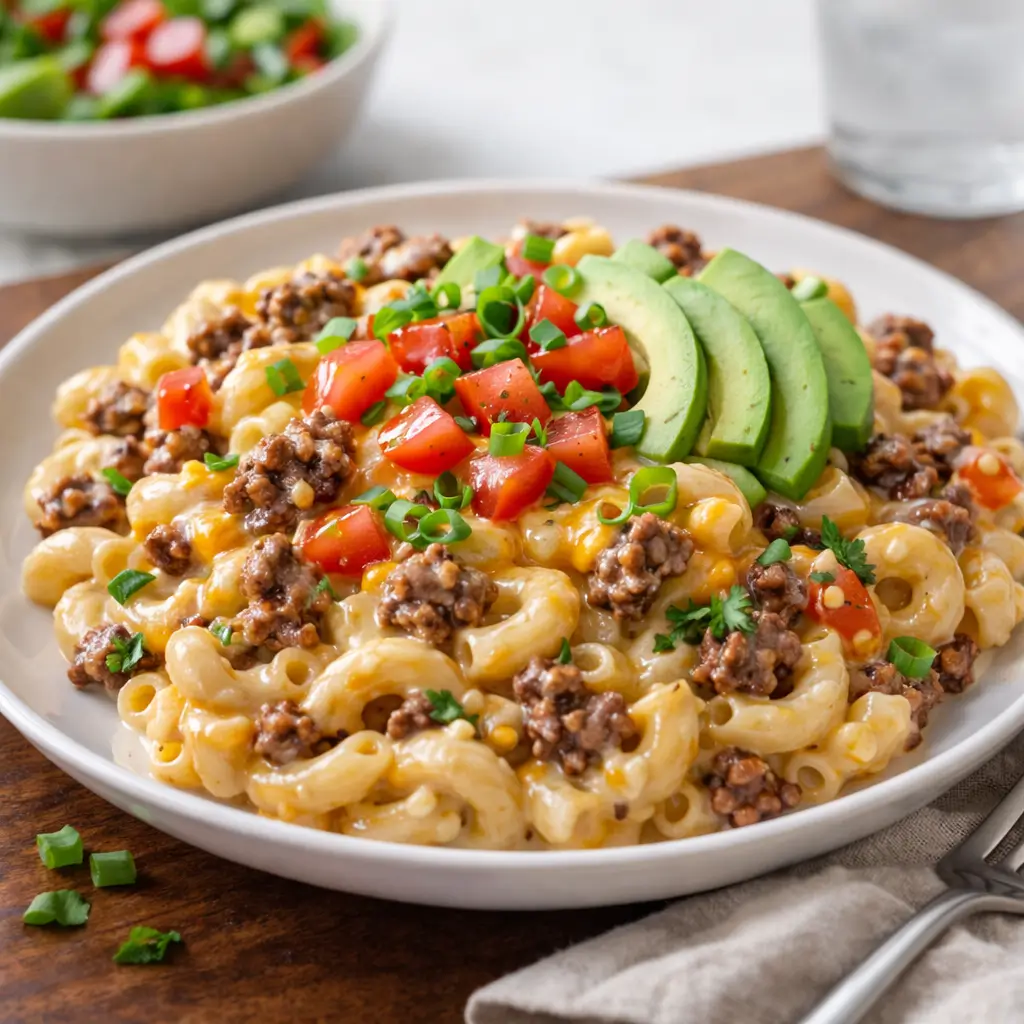 taco macaroni pasta served with fresh toppings