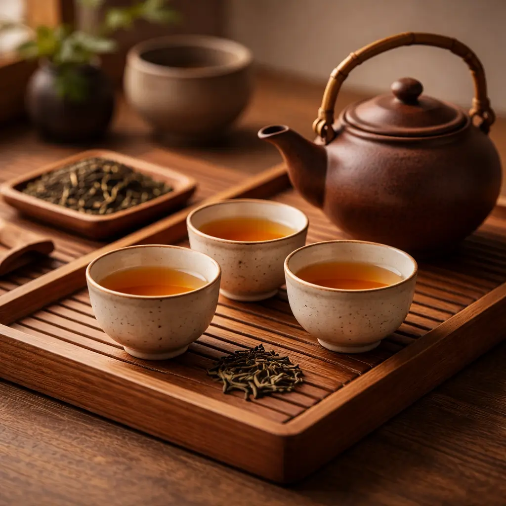 Traditional tea serving setup with teapot and cups